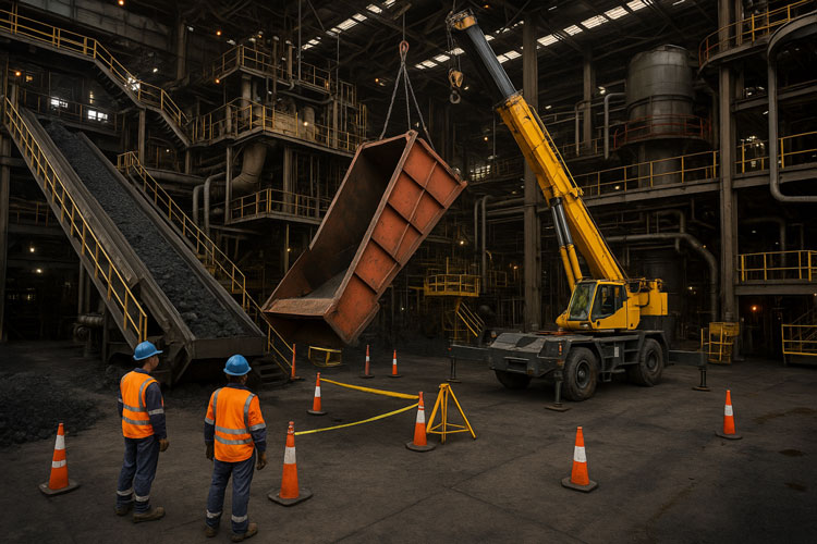 Industrial shutdown scene showing workers monitoring a mobile crane lifting a large steel chute inside a coal processing plant, with safety cones and exclusion zones in place