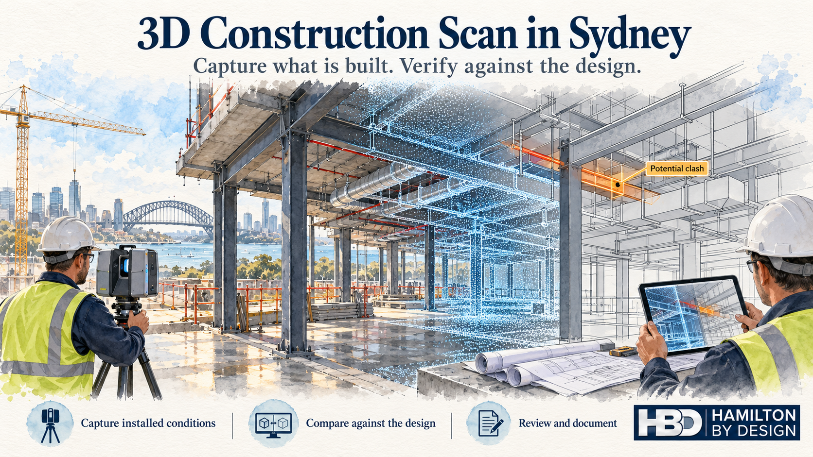 Watercolour illustration of LiDAR scanning on a Sydney construction site, with a point-cloud overlay, highlighted potential services clash and engineer reviewing a tablet.