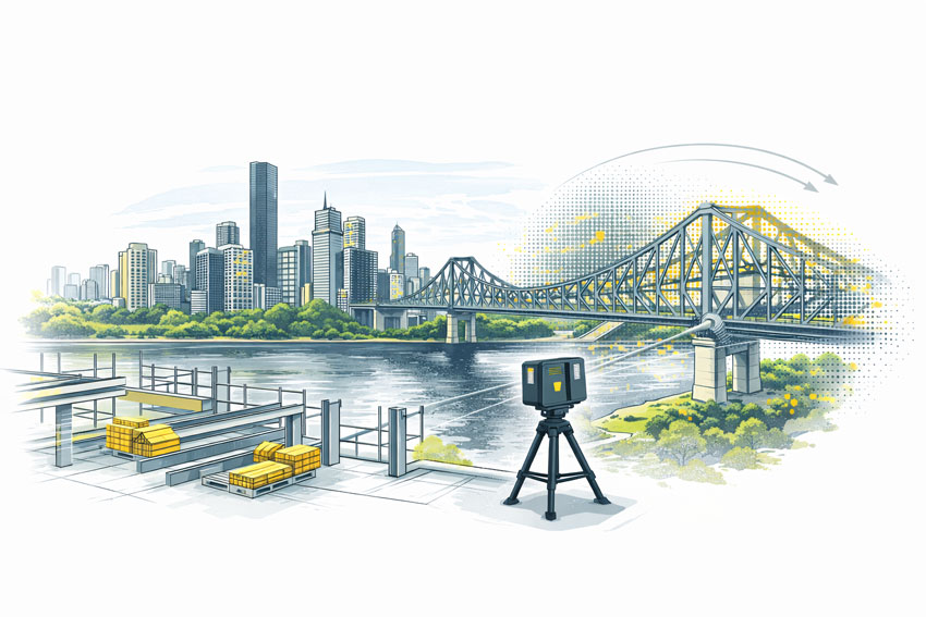 3D construction scanning in Brisbane using a FARO laser scanner at a building site overlooking the Story Bridge and Brisbane River