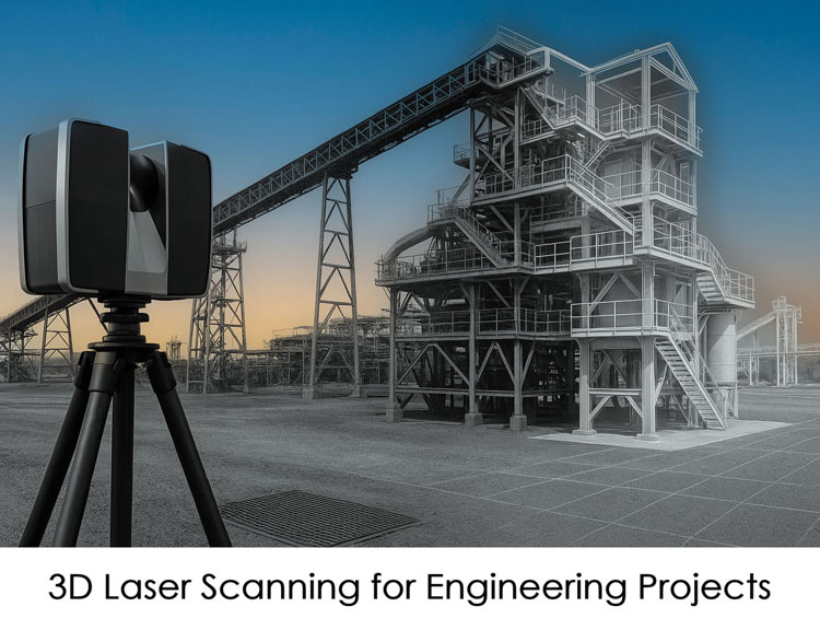 Hero image showing a FARO 3D laser scanner on a tripod capturing an industrial plant, with the scanned structure transitioning from real-world steelwork into a semi-transparent digital model. Caption reads โ3D Laser Scanning for Engineering Projects.โ