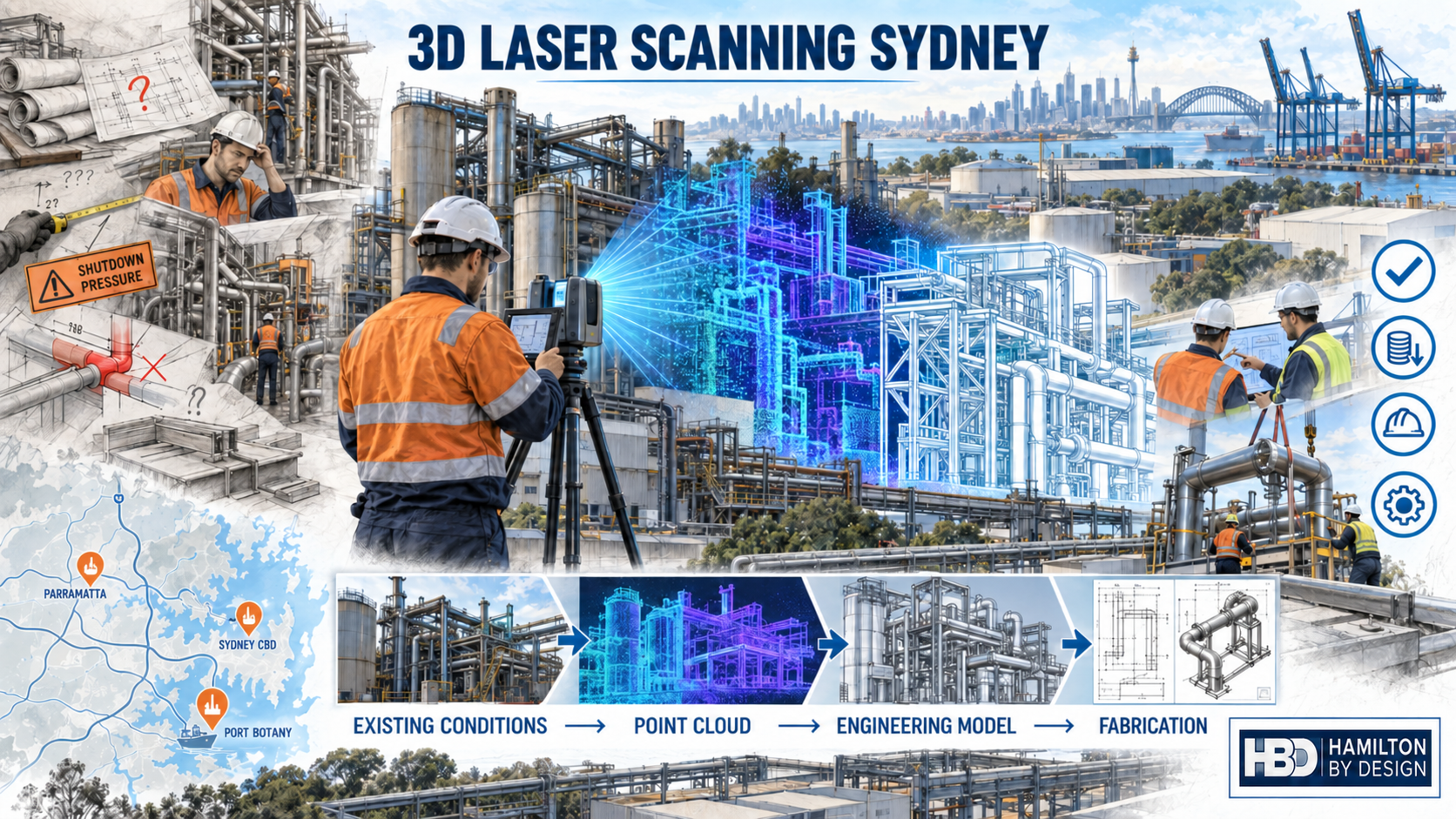 Hamilton By Design engineer performing 3D laser scanning of a Sydney industrial plant, transforming existing conditions into a point cloud, engineering model and fabrication drawings.