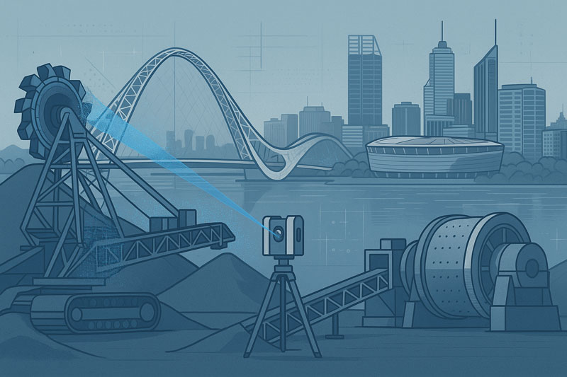 Stylised illustration of a 3D laser scanner capturing point-cloud data from mining equipment, including a reclaimer and a SAG mill, set against the Perth skyline. Visible landmarks include Matagarup Bridge, Optus Stadium, and city skyscrapers across the Swan River. The image represents industrial 3D scanning and engineering services in Western Australia
