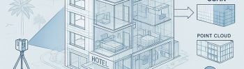 Infographic showing a hotel being captured with a 3D laser scanner, producing a point cloud and an as-built model. The cutaway building reveals internal rooms, ceiling voids and services, highlighting benefits such as accuracy, renovation readiness, clash-free design and fewer variations. A technician reviews the scan data on a tablet.