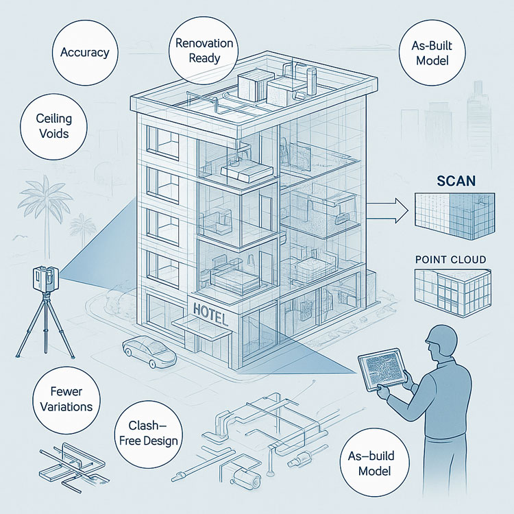 Infographic showing a hotel being captured with a 3D laser scanner, producing a point cloud and an as-built model. The cutaway building reveals internal rooms, ceiling voids and services, highlighting benefits such as accuracy, renovation readiness, clash-free design and fewer variations. A technician reviews the scan data on a tablet.
