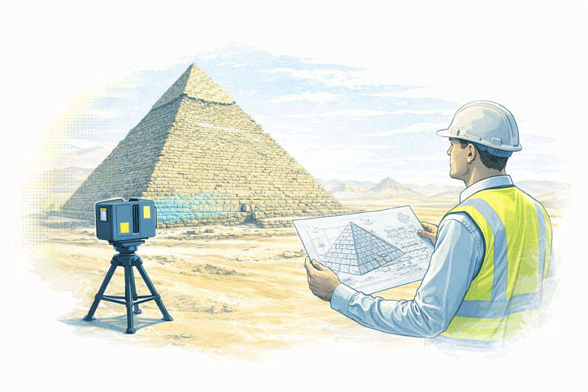 Engineer using a 3D laser scanner to document an ancient pyramid, illustrating the importance of capturing as-built information for future engineering decisions
