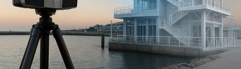Hero image of a FARO-style 3D laser scanner on a tripod capturing a waterfront building on the Central Coast, with a digital point-cloud and CAD wireframe overlay showing the structure being scanned for 3D laser scanning and LiDAR services.