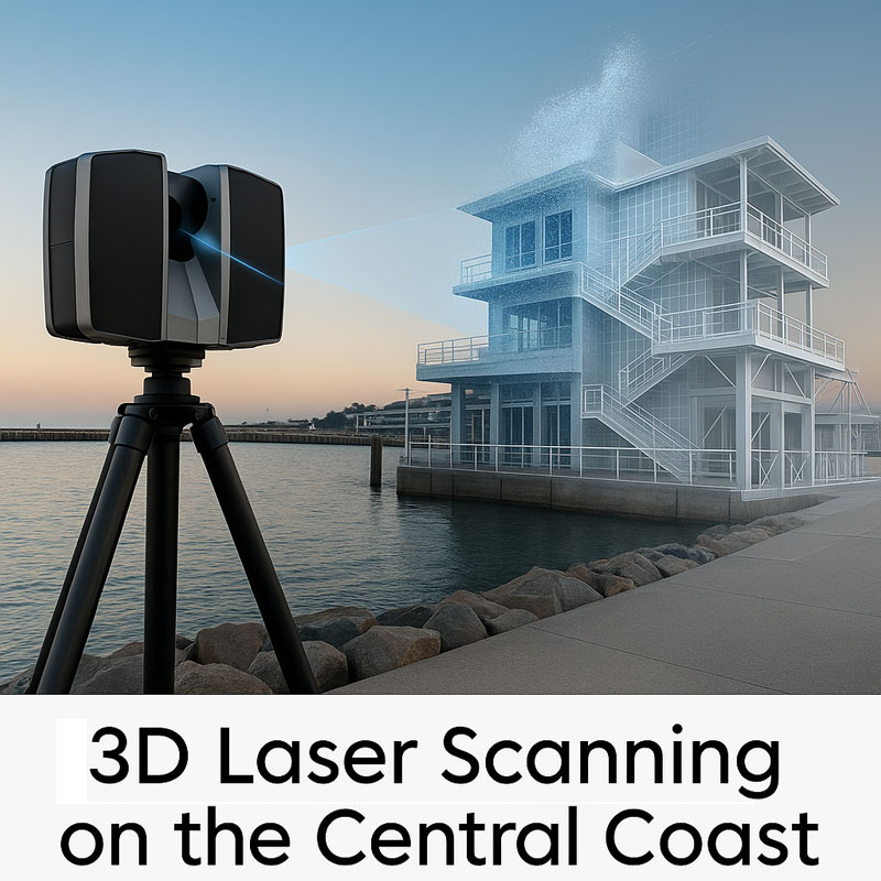 Hero image of a FARO-style 3D laser scanner on a tripod capturing a waterfront building on the Central Coast, with a digital point-cloud and CAD wireframe overlay showing the structure being scanned for 3D laser scanning and LiDAR services.