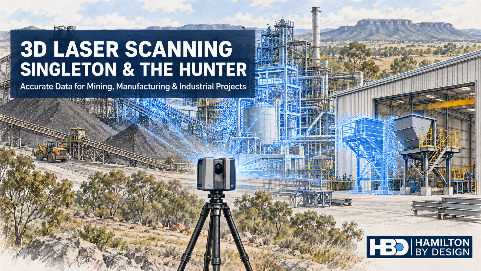 Technical drawing of 3D laser scanning across Singleton and Hunter Valley mining, manufacturing and industrial facilities.