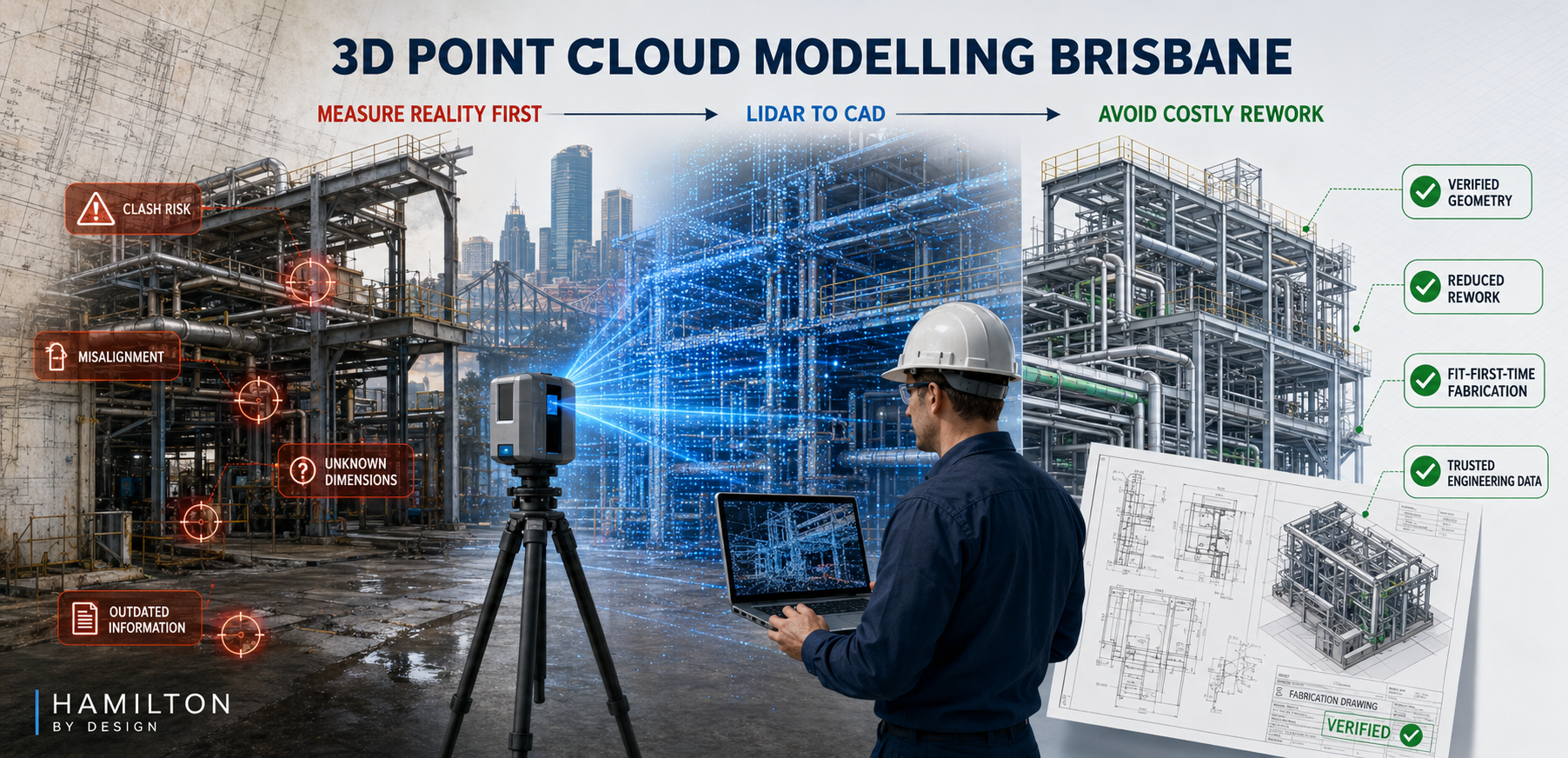 3D point cloud modelling Brisbane image showing LiDAR scanning of industrial pipework and steelwork, converting site conditions into CAD models and fabrication drawings.
