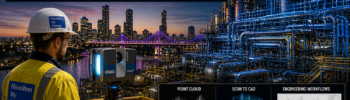 Engineering-led 3D point cloud scanning in Brisbane featuring a FARO LiDAR scanner, industrial plant infrastructure, and Brisbane CBD skyline with digital scan-to-CAD overlays.