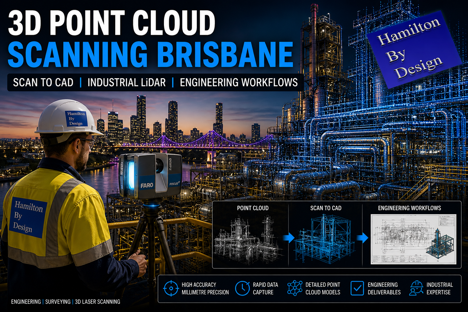 Engineering-led 3D point cloud scanning in Brisbane featuring a FARO LiDAR scanner, industrial plant infrastructure, and Brisbane CBD skyline with digital scan-to-CAD overlays.