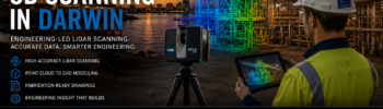 Engineer performing 3D LiDAR scanning in Darwin on an industrial processing plant with point cloud modelling and CAD engineering workflow overlay