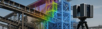 A 3D laser scanner on a tripod capturing an industrial plant structure, with a colourful point cloud and blue CAD wireframe overlay illustrating engineering-grade 3D laser scanning accuracy.