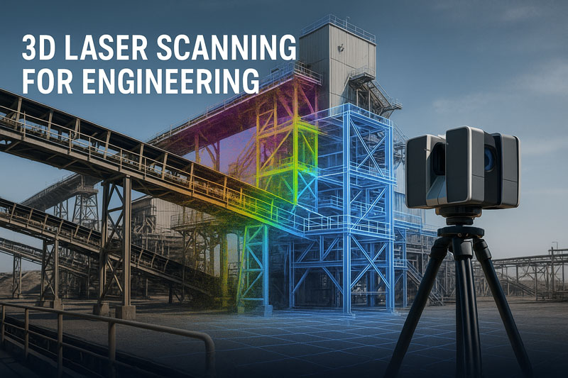A 3D laser scanner on a tripod capturing an industrial plant structure, with a colourful point cloud and blue CAD wireframe overlay illustrating engineering-grade 3D laser scanning accuracy.