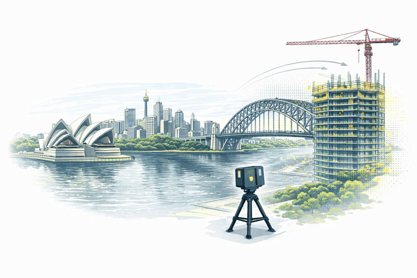 LiDAR scanner capturing a 3D scan of a Sydney construction site with the Opera House and Harbour Bridge in the background