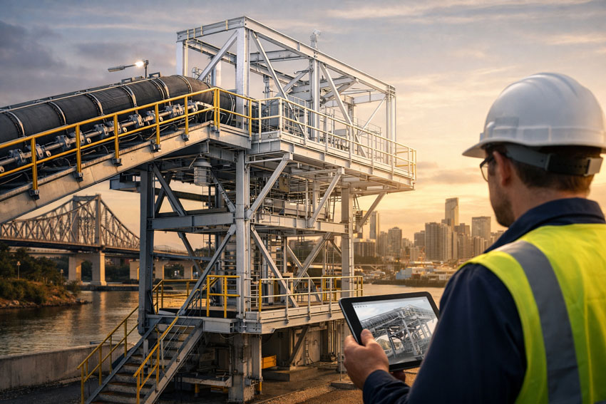 Engineering-led SolidWorks 3D CAD model overlaid on an industrial facility in Brisbane