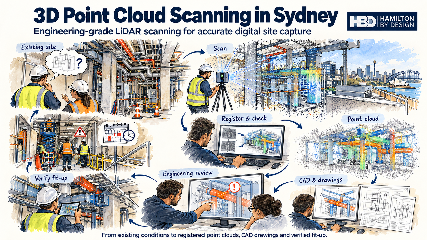 Illustrated 3D point cloud scanning workflow in Sydney, from LiDAR capture of an existing site through scan registration, engineering review, CAD drawings and fit-up verification.