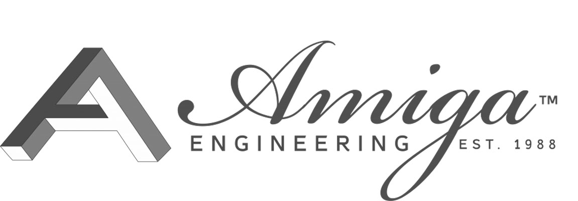 Amiga Engineering logo with a stylised three-dimensional letter ‘A’ and elegant script text reading ‘Amiga Engineering Est. 1988