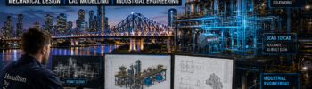 3D engineering services in Brisbane featuring industrial CAD modelling, scan-to-CAD workflows, and mechanical engineering visualisations with Brisbane skyline background.