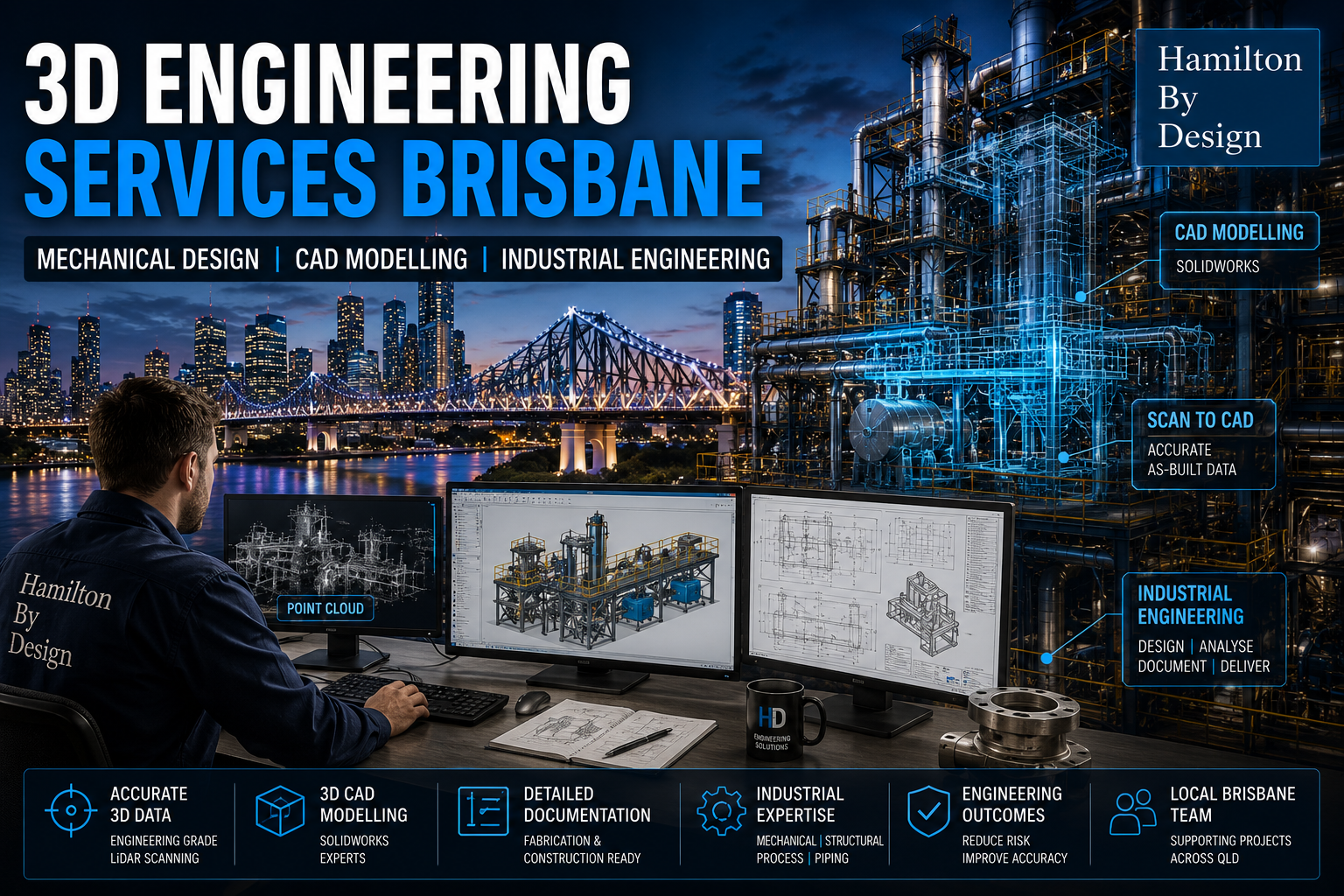 3D engineering services in Brisbane featuring industrial CAD modelling, scan-to-CAD workflows, and mechanical engineering visualisations with Brisbane skyline background.