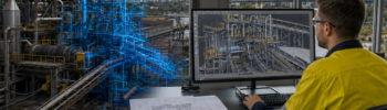 Hamilton By Design 3D CAD Brisbane image showing an engineer reviewing a CAD model of an industrial plant, with LiDAR point cloud data and the Brisbane skyline in the background.