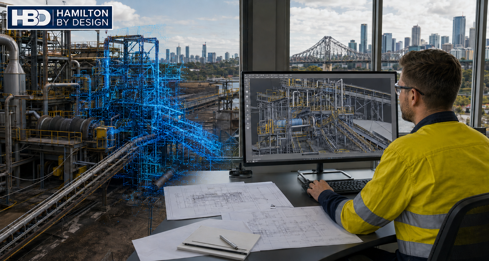 Hamilton By Design 3D CAD Brisbane image showing an engineer reviewing a CAD model of an industrial plant, with LiDAR point cloud data and the Brisbane skyline in the background.