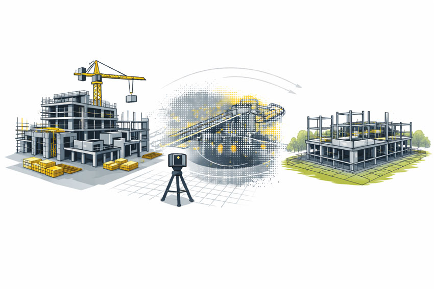 3D laser scanning of a commercial building under construction showing as-built capture and coordination before wall closure