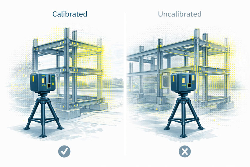 Comparison of calibrated and uncalibrated 3D LiDAR scanning, showing a calibrated scanner with aligned point cloud and steel frame geometry, and an uncalibrated scanner with visibly misaligned measurement data
