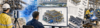 Watercolour illustration of Hamilton By Design’s 3D engineering workflow in Brisbane, showing LiDAR scanning, point cloud data, CAD modelling, fabrication drawings and workshop steel fabrication.