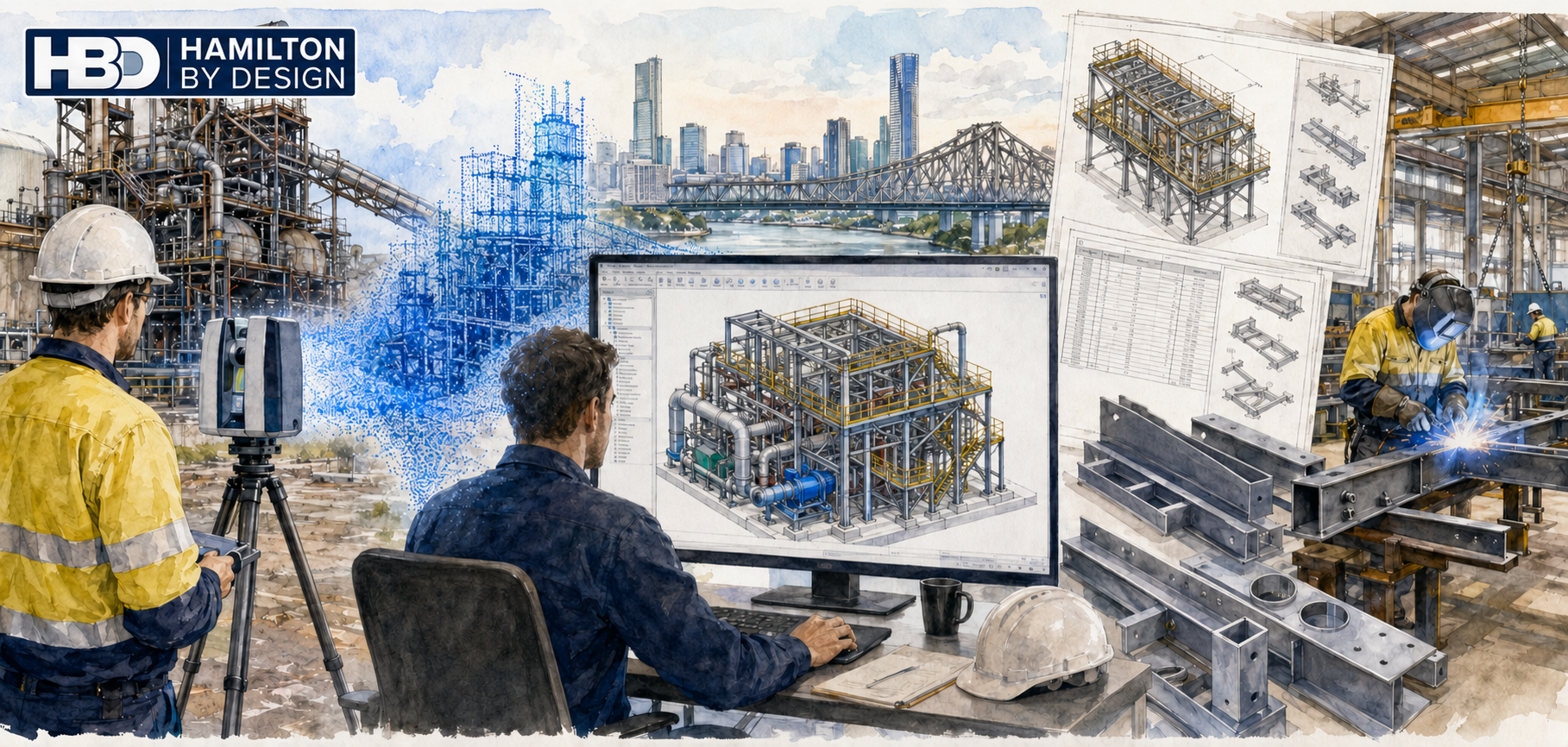 Watercolour illustration of Hamilton By Design’s 3D engineering workflow in Brisbane, showing LiDAR scanning, point cloud data, CAD modelling, fabrication drawings and workshop steel fabrication.