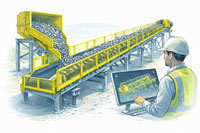 Engineer reviewing a guarded conveyor system with fixed side and nip-point guards designed to prevent access to moving parts.