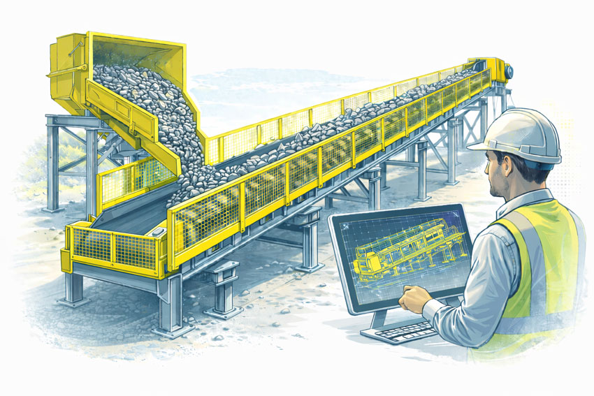 Bulk materials conveyor with compliant safety guarding at the hopper, tail end, and along the conveyor, shown with an engineer reviewing guarding design drawings.