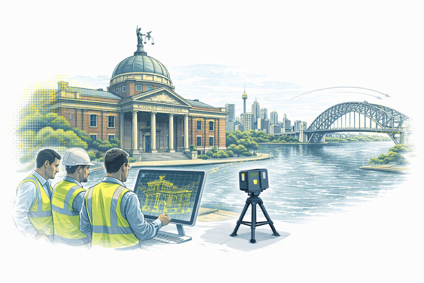 Engineers reviewing BIM documentation while a LiDAR scanner captures a Sydney courthouse with Sydney Harbour and the Harbour Bridge in the background