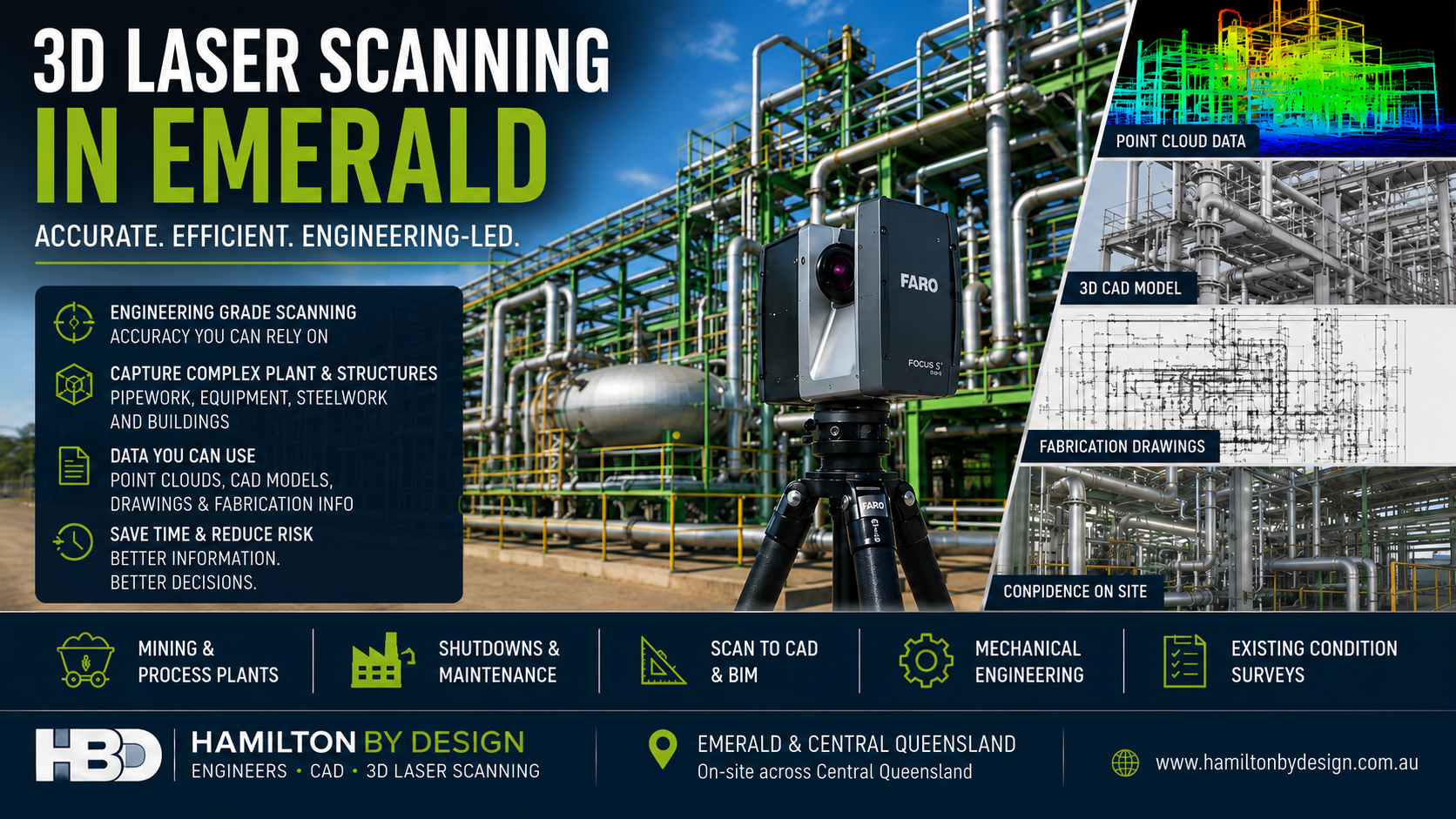 3D laser scanning in Emerald Queensland showing industrial plant, LiDAR point cloud data, CAD modelling and engineering drawings