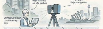 Infographic promoting 3D LiDAR scanning across Chatswood and Sydney, showing a technician operating a laser scanner with Sydney landmarks in the background. The graphic highlights services such as point clouds, 3D modelling, clash detection, drawings and installation fit, with icons representing processing plants, data centres, hotels, buildings, steel fabrication and accuracy.