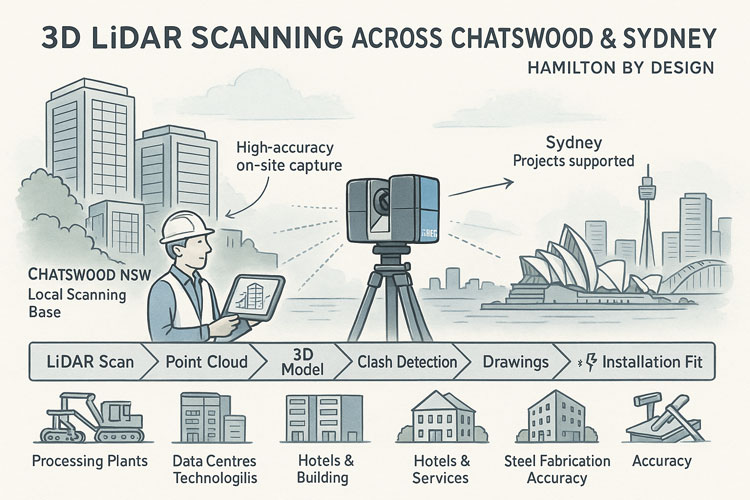 Infographic promoting 3D LiDAR scanning across Chatswood and Sydney, showing a technician operating a laser scanner with Sydney landmarks in the background. The graphic highlights services such as point clouds, 3D modelling, clash detection, drawings and installation fit, with icons representing processing plants, data centres, hotels, buildings, steel fabrication and accuracy.