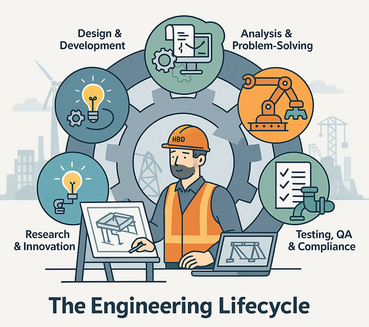 Infographic showing the engineering lifecycle, with a Hamilton By Design engineer working at a drafting tablet and laptop. Surrounding icons represent key stages: research and innovation, design and development, analysis and problem-solving, and testing, QA and compliance, all set against an industrial gear backdrop.