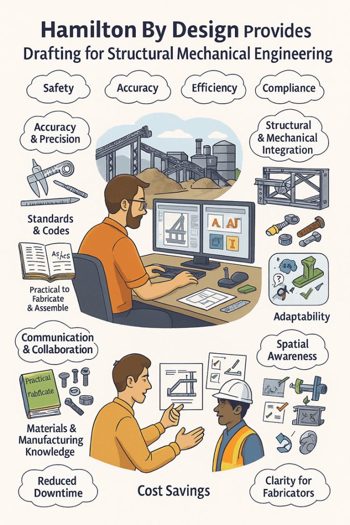 Illustrated infographic titled “Hamilton By Design Provides Drafting for Structural Mechanical Engineering.” At the centre, an engineer works at dual monitors creating structural and mechanical drawings, surrounded by elements such as conveyors, industrial structures, bolts, weldments, and fabrication diagrams. Around the illustration are benefits and capabilities including safety, accuracy, efficiency, compliance, accuracy and precision, structural and mechanical integration, standards and codes, practical fabrication and assembly, communication and collaboration, materials and manufacturing knowledge, adaptability, spatial awareness, clarity for fabricators, reduced downtime, and cost savings. The design emphasises Hamilton By Design’s comprehensive engineering drafting expertise.