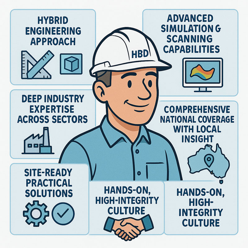 Illustration of a Hamilton By Design engineer wearing a hard hat surrounded by key company strengths, including hybrid engineering approaches, advanced simulation and scanning capabilities, deep industry expertise, national coverage with local insight, site-ready practical solutions, and a hands-on, high-integrity culture.