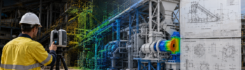 Engineer using a 3D laser scanner at an industrial plant, with point-cloud, CAD, FEA and engineering drawing overlays.