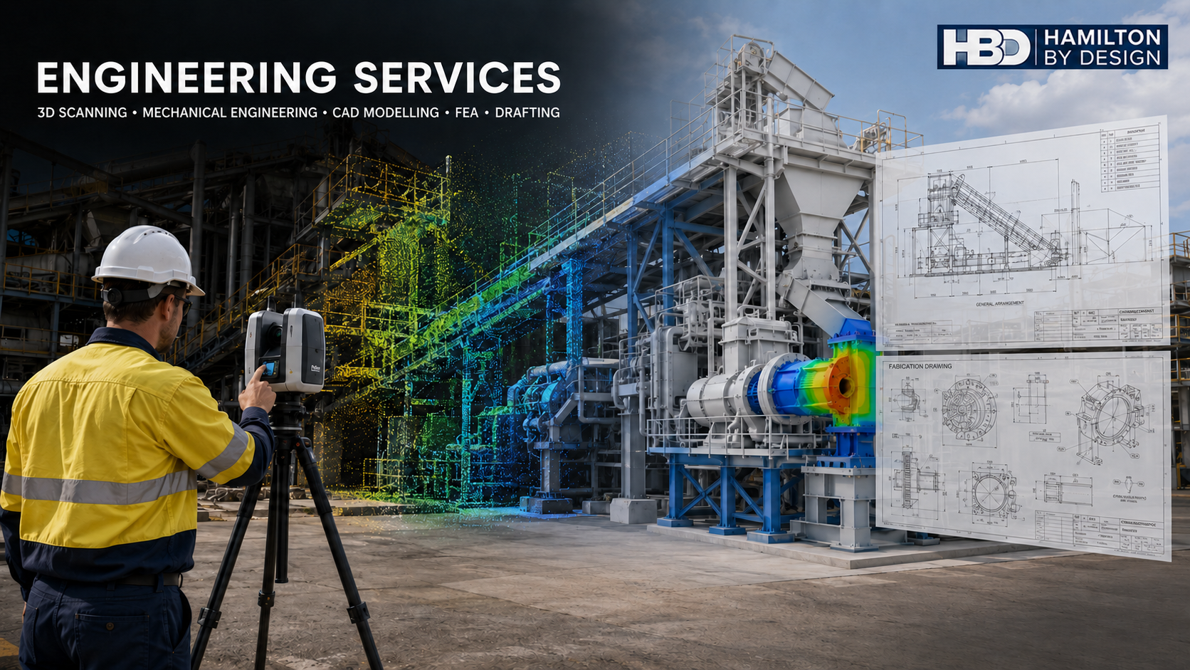 Engineer using a 3D laser scanner at an industrial plant, with point-cloud, CAD, FEA and engineering drawing overlays.