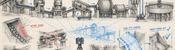 Pencil drawing of a hard-rock processing plant showing crushing, screening, milling, slurry handling, 3D laser scanning and CAD fit-checking.