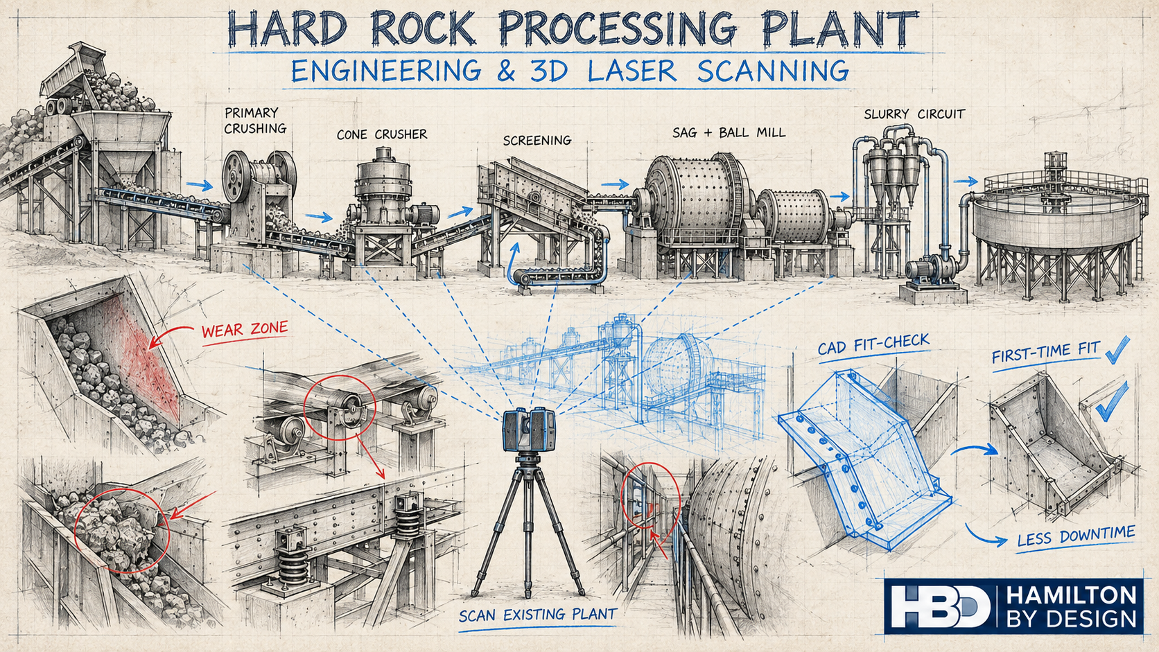 Pencil drawing of a hard-rock processing plant showing crushing, screening, milling, slurry handling, 3D laser scanning and CAD fit-checking.