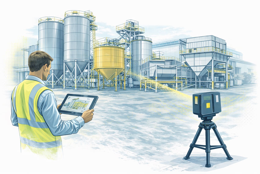 Engineer using 3D LiDAR scanner to capture silos, hoppers, bins, and bulk solids containers at an industrial processing plant.