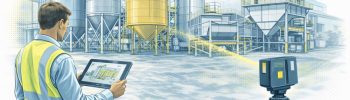 Engineer using 3D LiDAR scanner to capture silos, hoppers, bins, and bulk solids containers at an industrial processing plant.