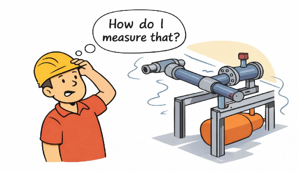 Cartoon showing a worker asking “How do I measure that?” while looking at complex pipework, illustrating the need for accurate engineering-grade 3D scanning.