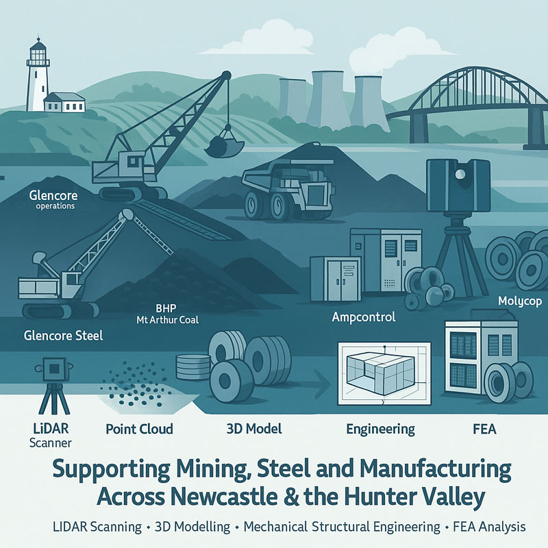 Illustrated scene showing major industrial landmarks across Newcastle and the Hunter Valley, including coal mining equipment, dump trucks, conveyors, steel coils, a LiDAR scanner, point-cloud and 3D model graphics, and labels for Glencore operations, BHP Mt Arthur Coal, Glencore Steel, Ampcontrol and Molycop. The banner text reads ‘Supporting Mining, Steel and Manufacturing Across Newcastle & the Hunter Valley – LIDAR Scanning, 3D Modelling, Mechanical Structural Engineering, FEA Analysis www.hamiltonbydesign.com.au