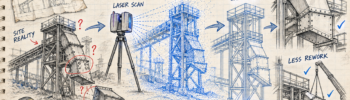 University-style engineering sketch showing Hunter Valley laser scanning transforming outdated plant drawings into a point cloud, CAD model and first-time-fit installation.