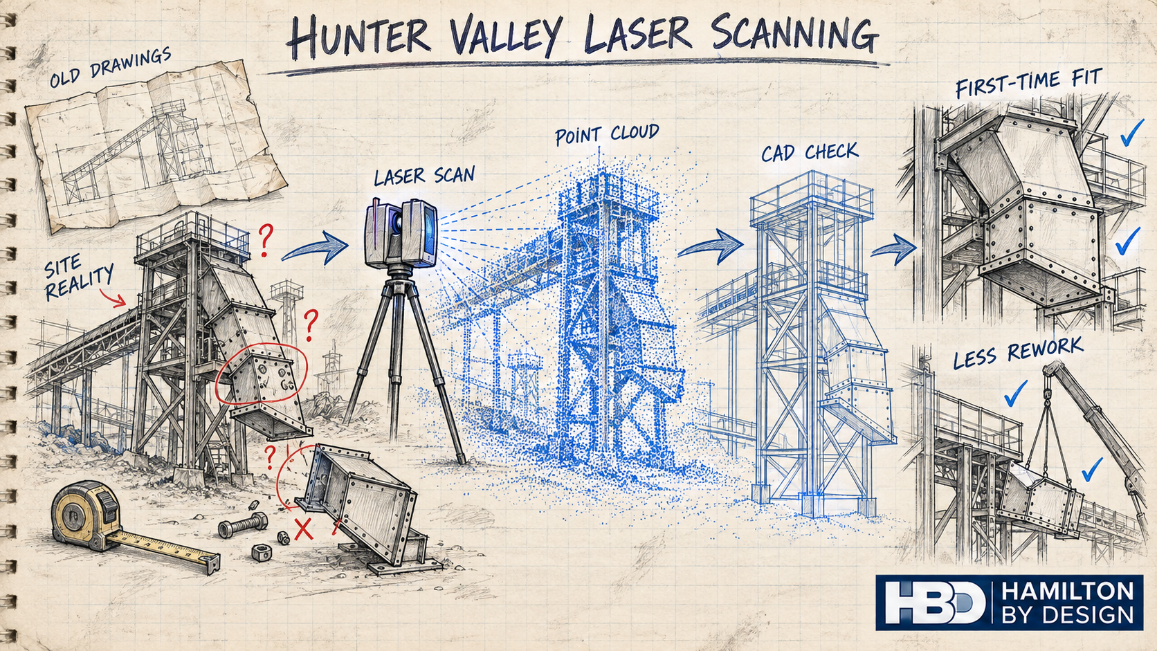 University-style engineering sketch showing Hunter Valley laser scanning transforming outdated plant drawings into a point cloud, CAD model and first-time-fit installation.