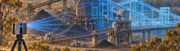 Oil painting of 3D LiDAR scanning at a Hunter Valley coal-handling plant, transitioning from the existing facility into a point cloud and CAD model.